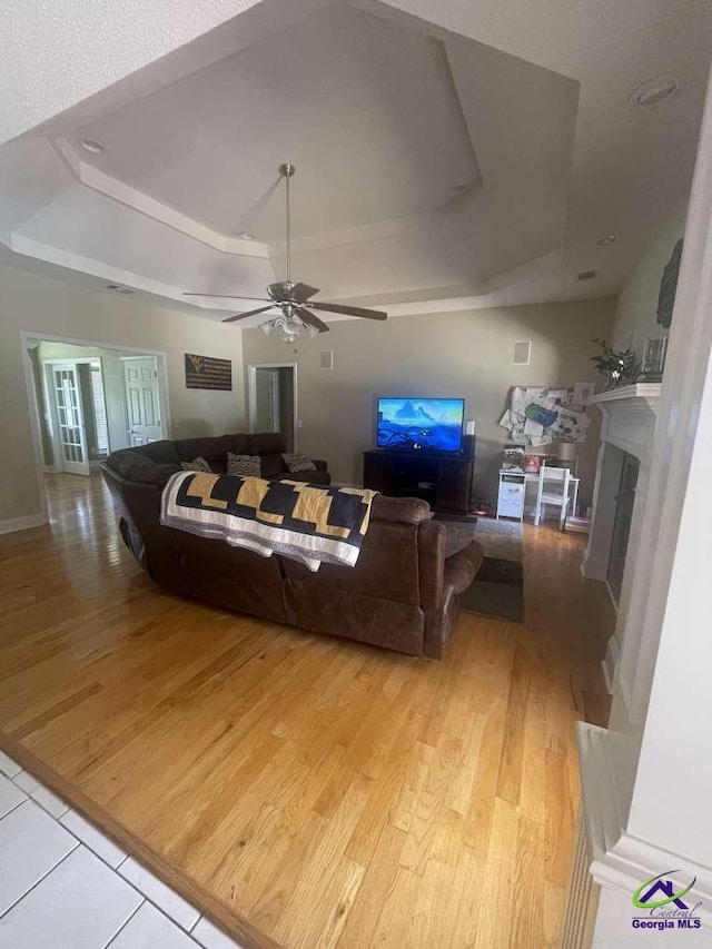 113 Ruzic Dr, Kathleen, GA 31047 - living area with a tray ceiling, light wood-style flooring, a fireplace, and ceiling fan