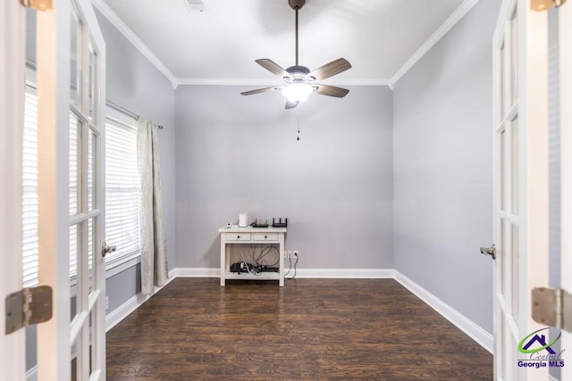310 Woods Edge Way, Warner Robins, GA 31088 - empty room with ornamental molding, wood finished floors, a ceiling fan, and french doors