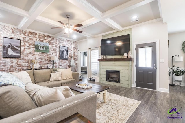 103 Cascades Ct, Bonaire, GA 31005 - living area featuring plenty of natural light, a ceiling fan, crown molding, a large fireplace, and coffered ceiling