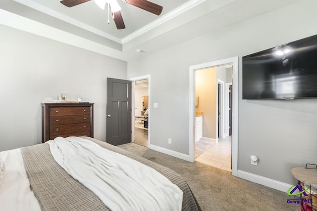 103 Cascades Ct, Bonaire, GA 31005 - bedroom with ornamental molding, light carpet, and a ceiling fan