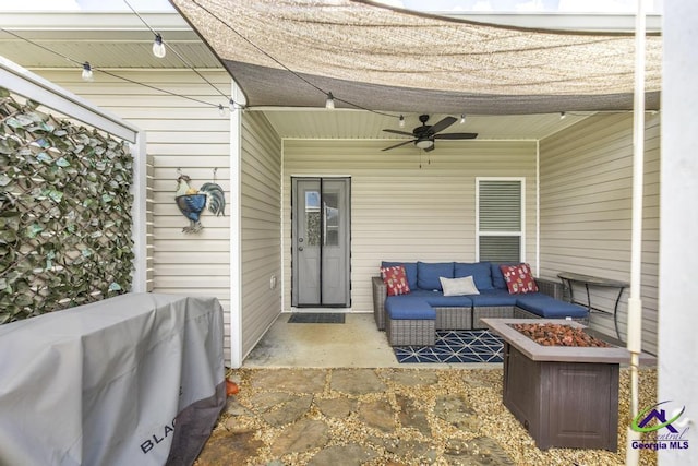 103 Cascades Ct, Bonaire, GA 31005 - view of patio / terrace featuring an outdoor living space with a fire pit and a ceiling fan