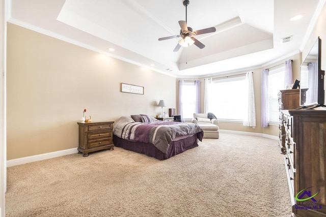 112 Verandah Ct, Bonaire, GA 31005 - bedroom with a tray ceiling, light carpet, recessed lighting, ornamental molding, and a ceiling fan
