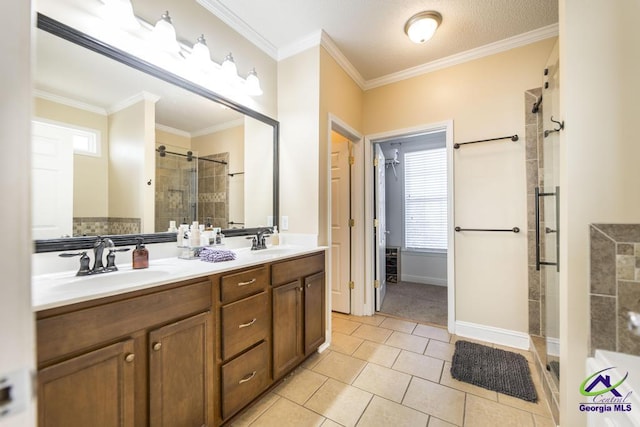 112 Verandah Ct, Bonaire, GA 31005 - full bathroom with a shower stall, plenty of natural light, double vanity, tile patterned flooring, and ornamental molding