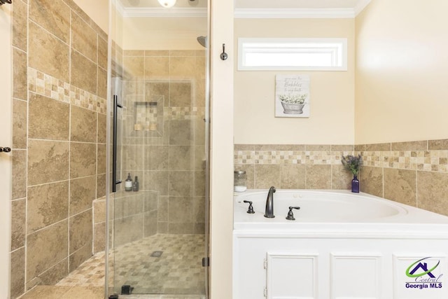 112 Verandah Ct, Bonaire, GA 31005 - bathroom featuring ornamental molding, a shower stall, and a garden tub