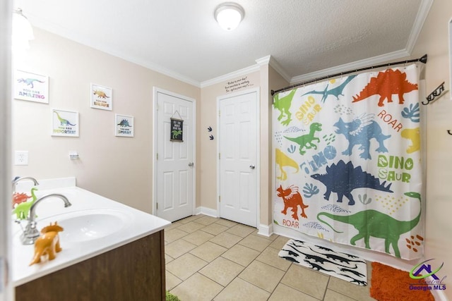 112 Verandah Ct, Bonaire, GA 31005 - bathroom with crown molding, tile patterned flooring, double vanity, a shower with shower curtain, and a textured ceiling