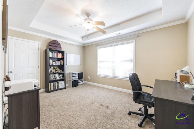 112 Verandah Ct, Bonaire, GA 31005 - office featuring a tray ceiling, light carpet, ornamental molding, and ceiling fan