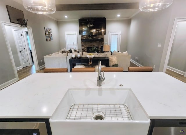 109 Raspberry Trl, Perry, GA 31069 - kitchen with wood finished floors, a fireplace, open floor plan, crown molding, and beamed ceiling