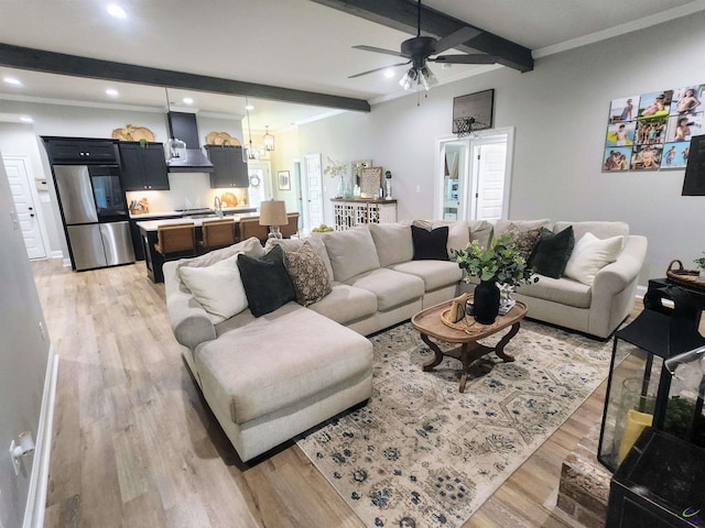 109 Raspberry Trl, Perry, GA 31069 - living room featuring beam ceiling, a ceiling fan, light wood-style flooring, recessed lighting, and crown molding