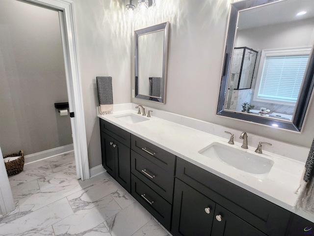 109 Raspberry Trl, Perry, GA 31069 - bathroom with double vanity, marble look tile flooring, and a shower with door