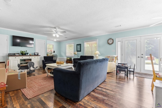 113 Chestnut Rd, Warner Robins, GA 31088 - living area featuring a textured ceiling, a ceiling fan, dark wood-style floors, french doors, and ornamental molding