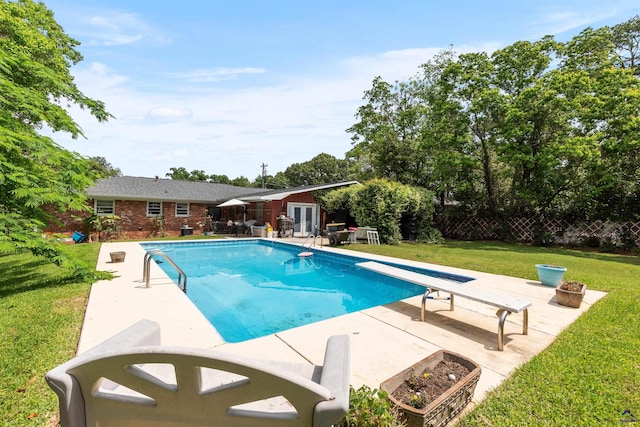 113 Chestnut Rd, Warner Robins, GA 31088 - view of swimming pool with a patio, a lawn, french doors, and a diving board