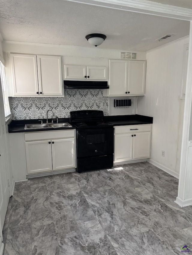 314 Arnold Blvd, Warner Robins, GA 31093 - kitchen featuring black / electric stove, under cabinet range hood, dark countertops, white cabinets, and tasteful backsplash