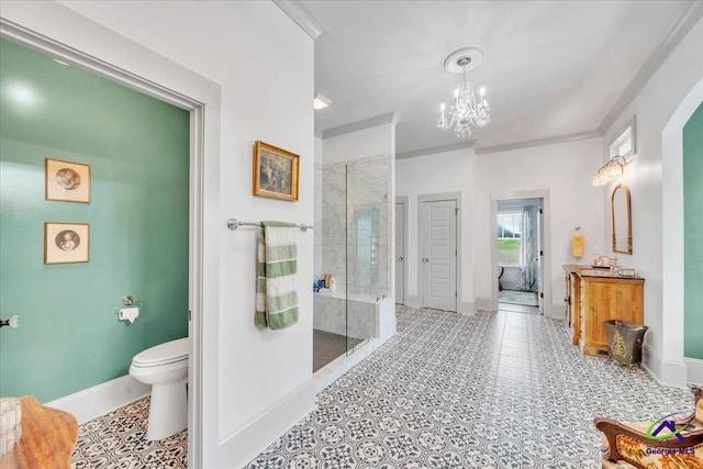 117 Pine Bough Trl, Perry, GA 31609 - bathroom with vanity, a shower stall, a chandelier, and crown molding