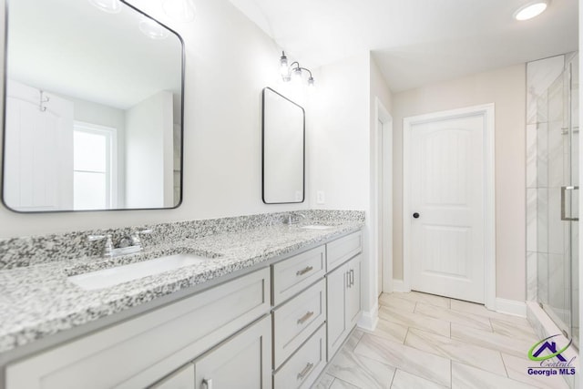 102 Sugar Creek Trl, Perry, GA 31069 - full bath featuring double vanity, a stall shower, and marble finish flooring