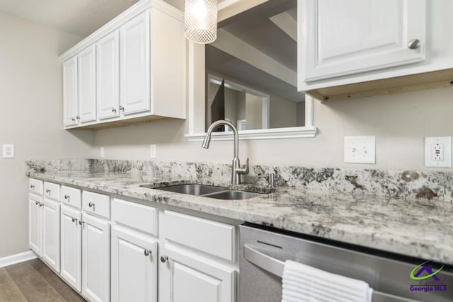 546 Grove Ln, Kathleen, GA 31047 - kitchen featuring dishwasher, white cabinets, dark wood-style flooring, and light stone counters