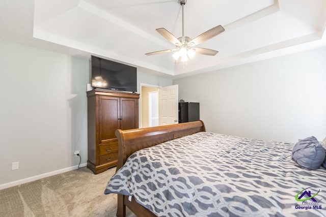 546 Grove Ln, Kathleen, GA 31047 - bedroom with a tray ceiling, light colored carpet, and a ceiling fan