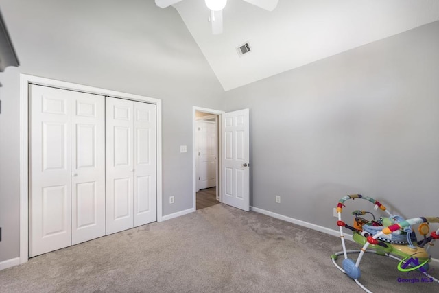 546 Grove Ln, Kathleen, GA 31047 - playroom with carpet floors, high vaulted ceiling, and a ceiling fan