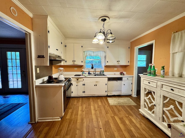 304 Mcwhorter St, Unadilla, GA 31091 - kitchen with white dishwasher, under cabinet range hood, white cabinets, light countertops, and crown molding