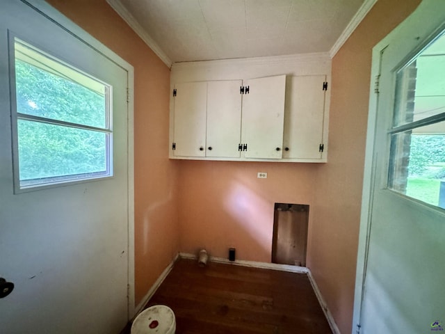 304 Mcwhorter St, Unadilla, GA 31091 - laundry area featuring cabinet space, ornamental molding, and wood finished floors