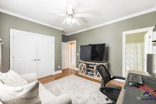 109 Black Oak Ct, Byron, GA 31008 - office with wood finished floors, ornamental molding, and ceiling fan