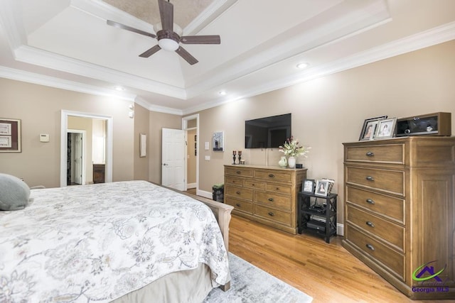 109 Black Oak Ct, Byron, GA 31008 - bedroom with a raised ceiling, light wood finished floors, ornamental molding, recessed lighting, and ceiling fan