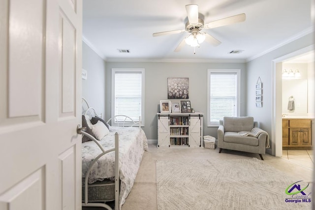 109 Black Oak Ct, Byron, GA 31008 - carpeted bedroom with multiple windows, crown molding, a ceiling fan, and ensuite bath