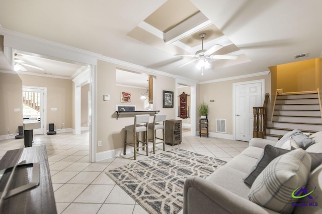 109 Black Oak Ct, Byron, GA 31008 - living room featuring a ceiling fan, light tile patterned floors, crown molding, stairs, and coffered ceiling