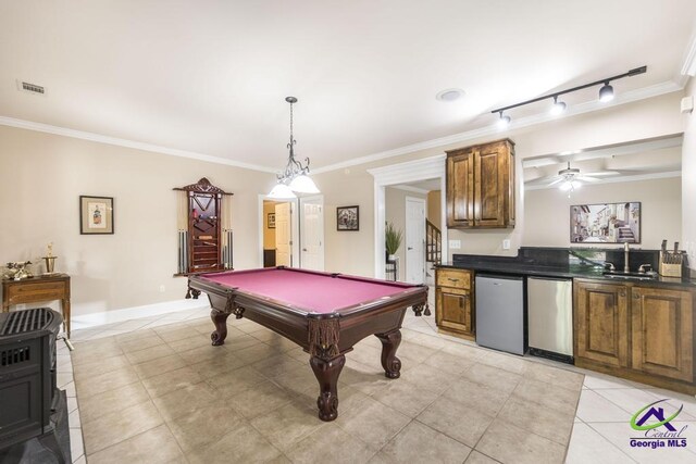109 Black Oak Ct, Byron, GA 31008 - game room with ornamental molding, light tile patterned floors, billiards table, and a ceiling fan