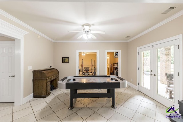 109 Black Oak Ct, Byron, GA 31008 - game room featuring ceiling fan, light tile patterned floors, crown molding, and french doors