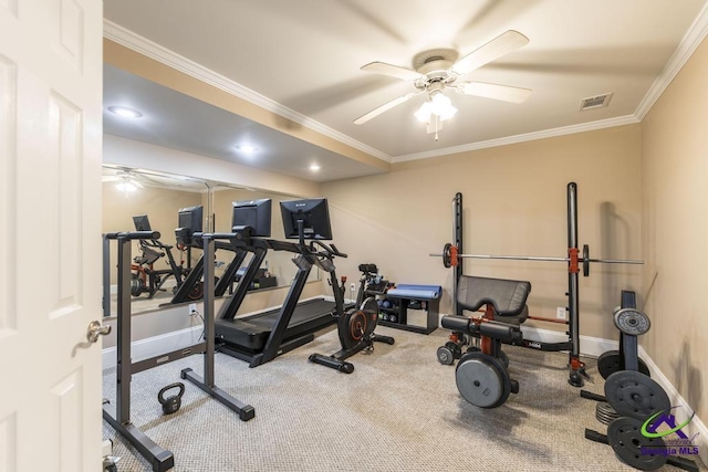 109 Black Oak Ct, Byron, GA 31008 - workout area featuring a ceiling fan, crown molding, carpet flooring, and recessed lighting