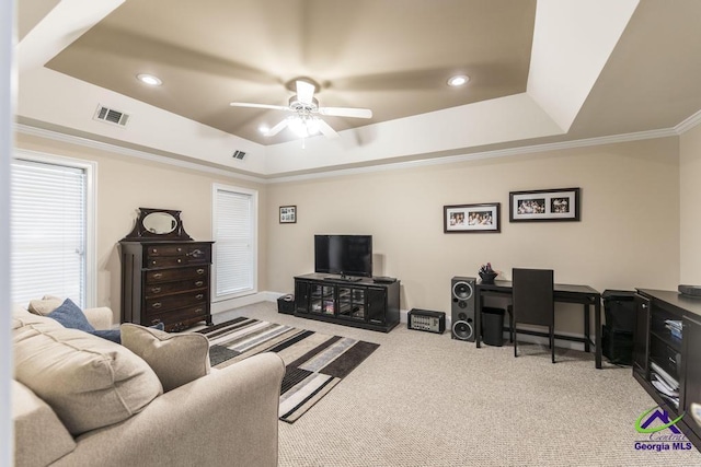 109 Black Oak Ct, Byron, GA 31008 - living area featuring a tray ceiling, carpet, a ceiling fan, ornamental molding, and recessed lighting