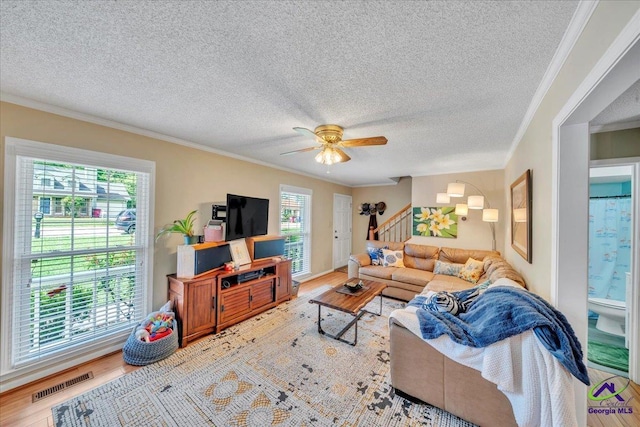 574 Shadow Moss Dr, Macon, GA 31204 - living area featuring a textured ceiling, healthy amount of natural light, wood finished floors, crown molding, and a ceiling fan