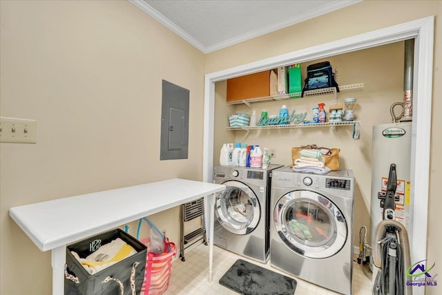 574 Shadow Moss Dr, Macon, GA 31204 - washroom with electric panel, washing machine and dryer, ornamental molding, gas water heater, and light flooring