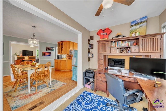 574 Shadow Moss Dr, Macon, GA 31204 - office with a ceiling fan, light wood-style floors, and crown molding