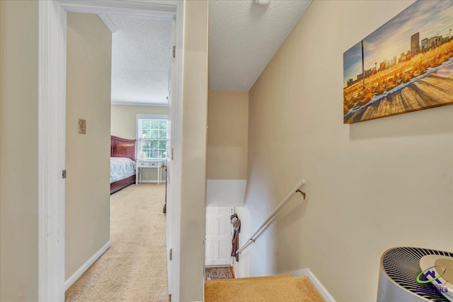 574 Shadow Moss Dr, Macon, GA 31204 - stairs featuring carpet flooring and a textured ceiling
