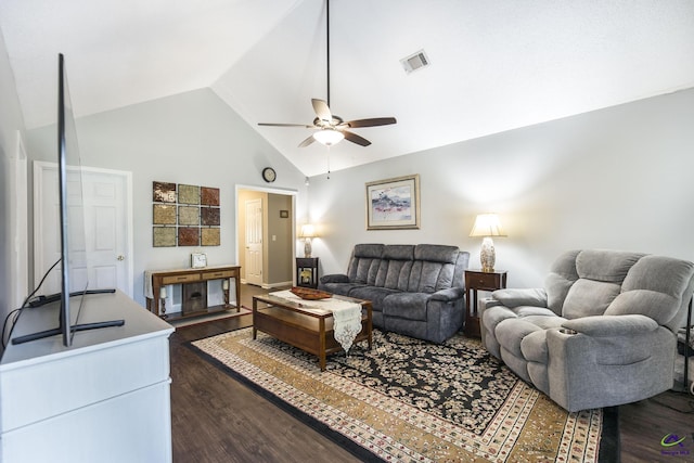 3560 S Lawrence Dr, Macon, GA 31216 - living area featuring ceiling fan, dark wood finished floors, and high vaulted ceiling