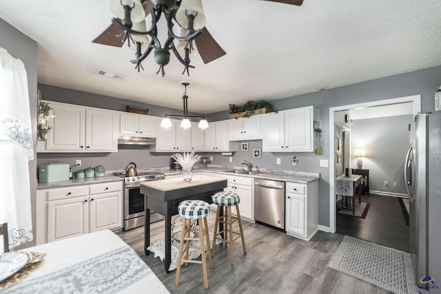 3560 S Lawrence Dr, Macon, GA 31216 - kitchen featuring appliances with stainless steel finishes, under cabinet range hood, white cabinetry, light countertops, and a textured ceiling