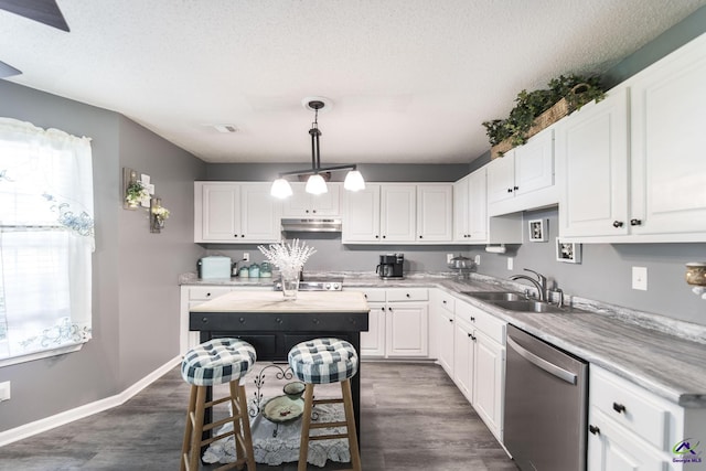 3560 S Lawrence Dr, Macon, GA 31216 - kitchen with dishwasher, under cabinet range hood, white cabinets, healthy amount of natural light, and a textured ceiling