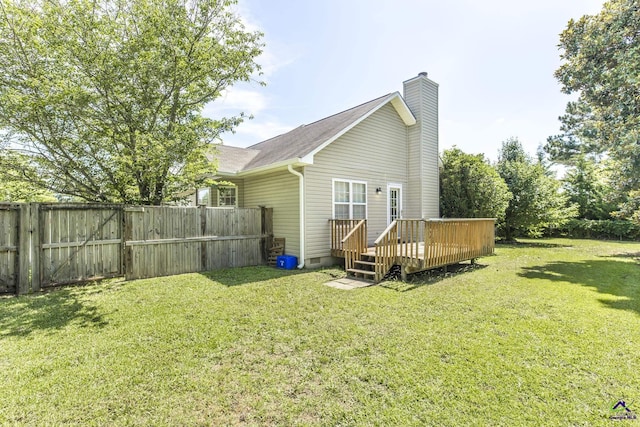 3560 S Lawrence Dr, Macon, GA 31216 - rear view of house featuring a wooden deck, a chimney, a gate, and crawl space