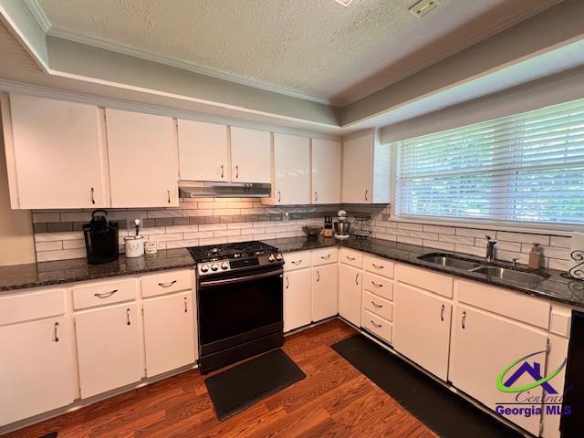 234 Briarcliff Rd, Warner Robins, GA 31088 - kitchen with gas range, under cabinet range hood, crown molding, a textured ceiling, and white cabinets