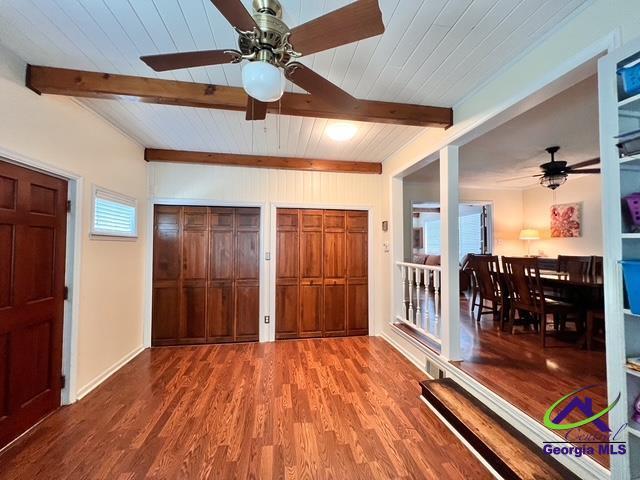 234 Briarcliff Rd, Warner Robins, GA 31088 - entryway featuring a ceiling fan, wood finished floors, and a wooden ceiling with exposed beams
