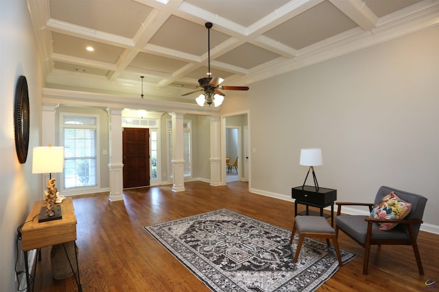 217 Wilsons Creek Bnd, Bonaire, GA 31005 - foyer entrance featuring ornate columns, coffered ceiling, beamed ceiling, wood finished floors, and ceiling fan