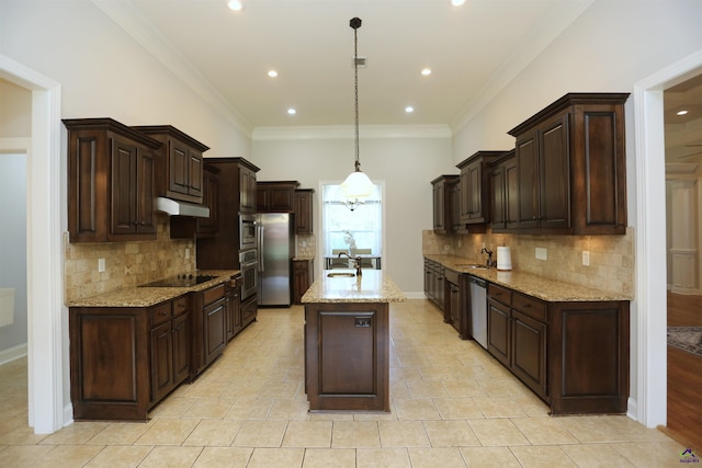 217 Wilsons Creek Bnd, Bonaire, GA 31005 - kitchen featuring appliances with stainless steel finishes, light stone countertops, backsplash, dark brown cabinets, and crown molding