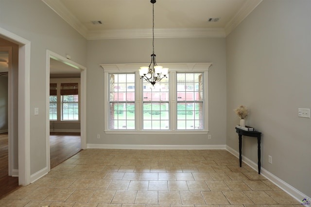 217 Wilsons Creek Bnd, Bonaire, GA 31005 - unfurnished dining area featuring a chandelier, crown molding, and light tile patterned floors