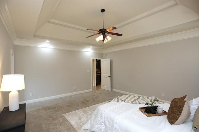 217 Wilsons Creek Bnd, Bonaire, GA 31005 - bedroom with a raised ceiling, light colored carpet, crown molding, and ceiling fan