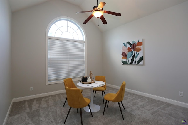 217 Wilsons Creek Bnd, Bonaire, GA 31005 - carpeted dining space featuring vaulted ceiling and a ceiling fan