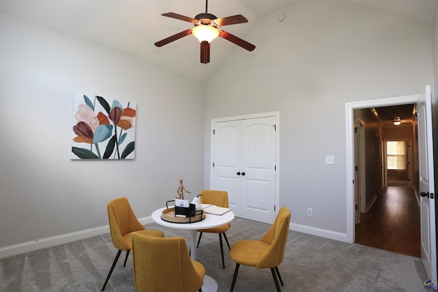 217 Wilsons Creek Bnd, Bonaire, GA 31005 - dining area with high vaulted ceiling, carpet, and a ceiling fan