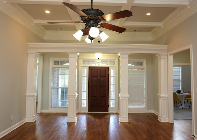 217 Wilsons Creek Bnd, Bonaire, GA 31005 - entrance foyer featuring dark wood-style floors, ceiling fan, coffered ceiling, ornamental molding, and decorative columns