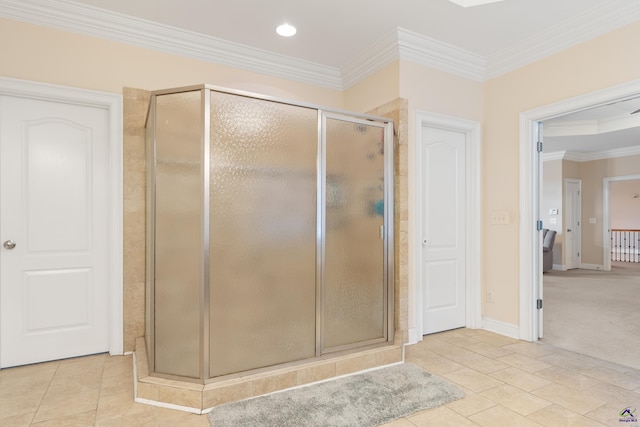 513 Litchfield, Macon, GA 31220 - bathroom featuring a shower stall, crown molding, tile patterned floors, and recessed lighting