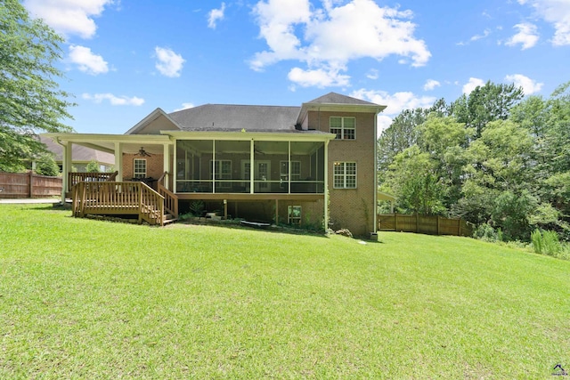 513 Litchfield, Macon, GA 31220 - rear view of property with a ceiling fan, a sunroom, a fenced backyard, brick siding, and a wooden deck